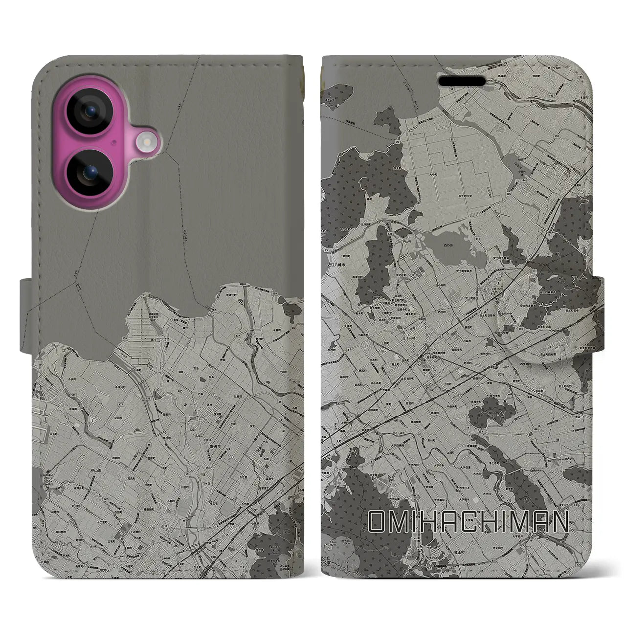 【近江八幡2(滋賀県)】地図柄iPhoneケース(手帳タイプ)モノトーン・iPhone 16 Pro 用