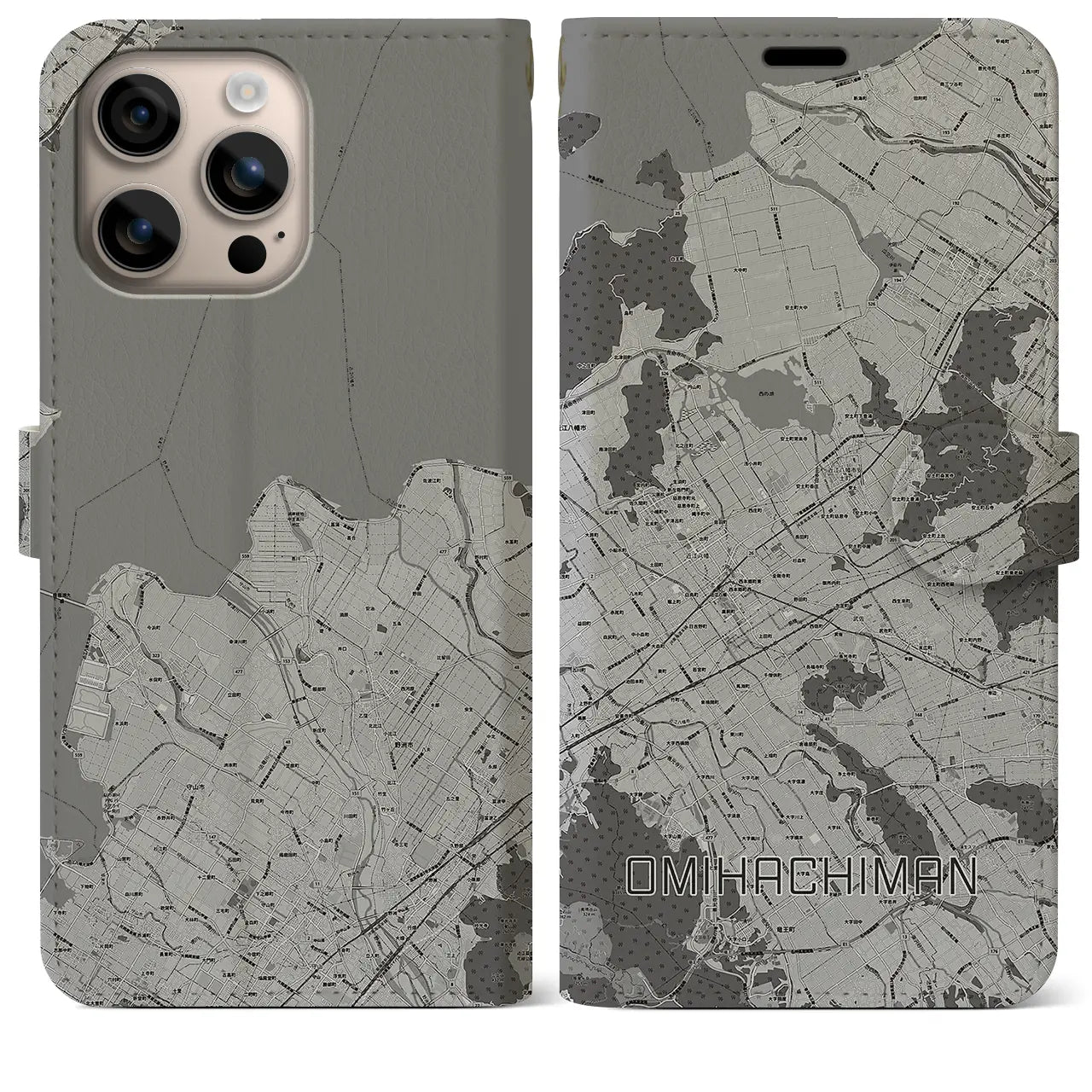 【近江八幡2(滋賀県)】地図柄iPhoneケース(手帳タイプ)モノトーン・iPhone 16 Plus 用