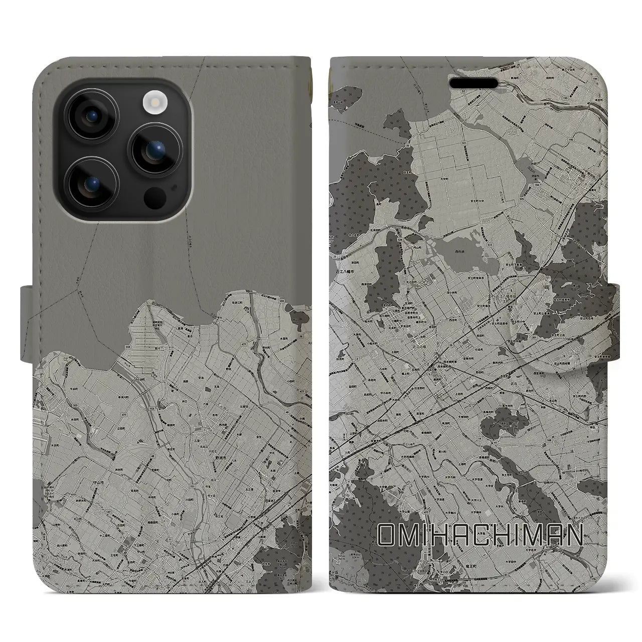 【近江八幡2(滋賀県)】地図柄iPhoneケース(手帳タイプ)モノトーン・iPhone 16 用