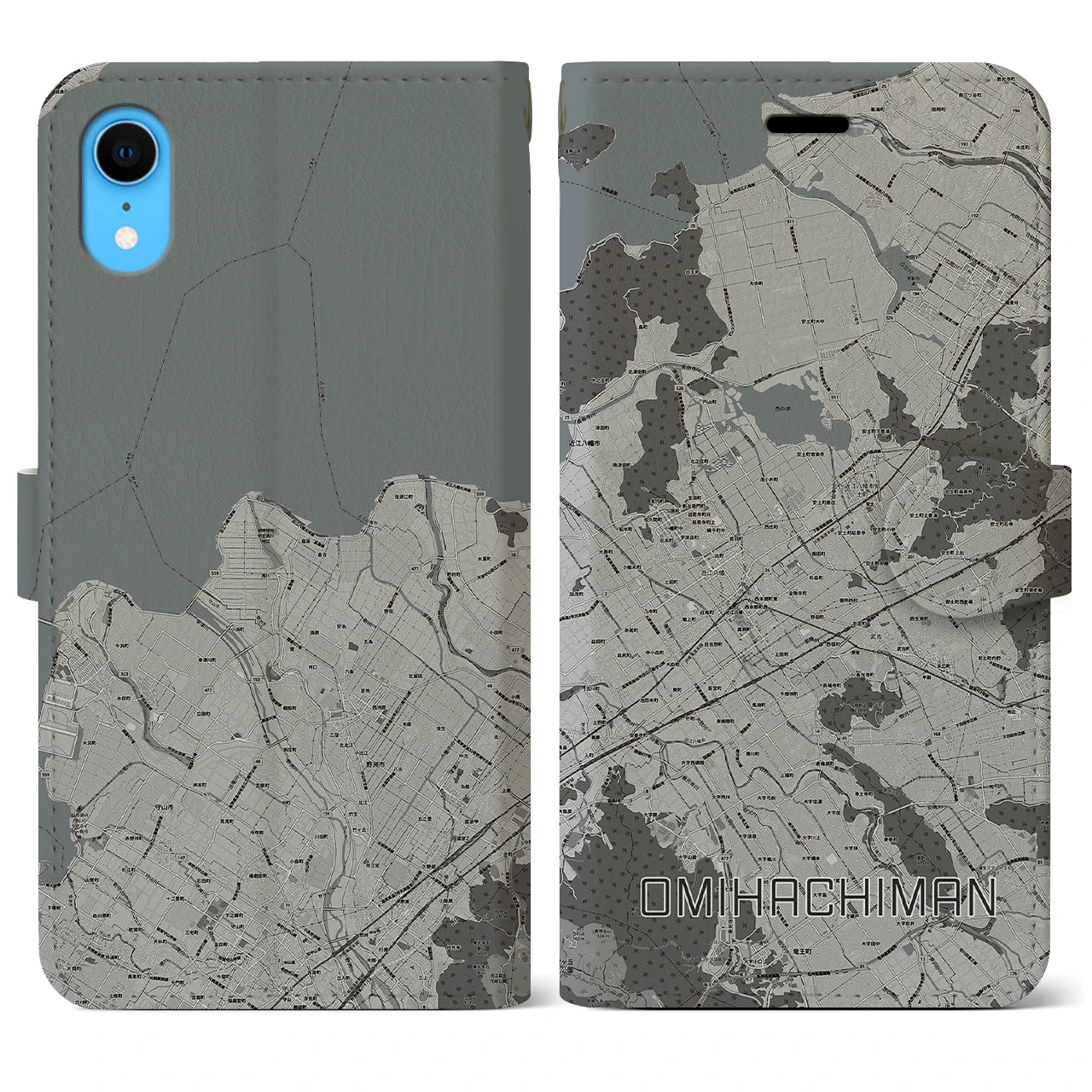 【近江八幡2(滋賀県)】地図柄iPhoneケース(手帳タイプ)モノトーン・iPhone XR 用