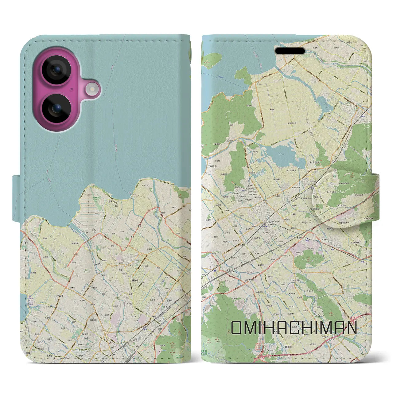 【近江八幡2(滋賀県)】地図柄iPhoneケース(手帳タイプ)ナチュラル・iPhone 16 Pro 用