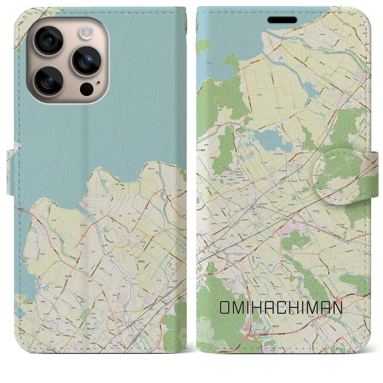 【近江八幡2(滋賀県)】地図柄iPhoneケース(手帳タイプ)ナチュラル・iPhone 16 Plus 用