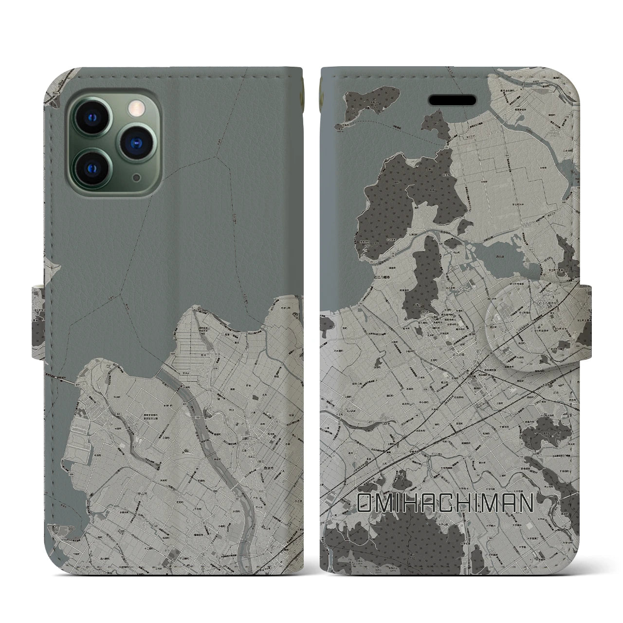 【近江八幡(滋賀県)】地図柄iPhoneケース(手帳タイプ)モノトーン・iPhone 11 Pro 用