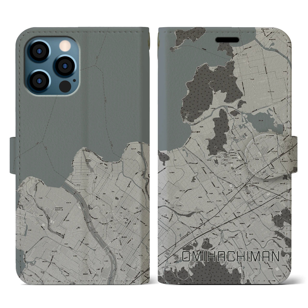 【近江八幡(滋賀県)】地図柄iPhoneケース(手帳タイプ)モノトーン・iPhone 12 / 12 Pro 用