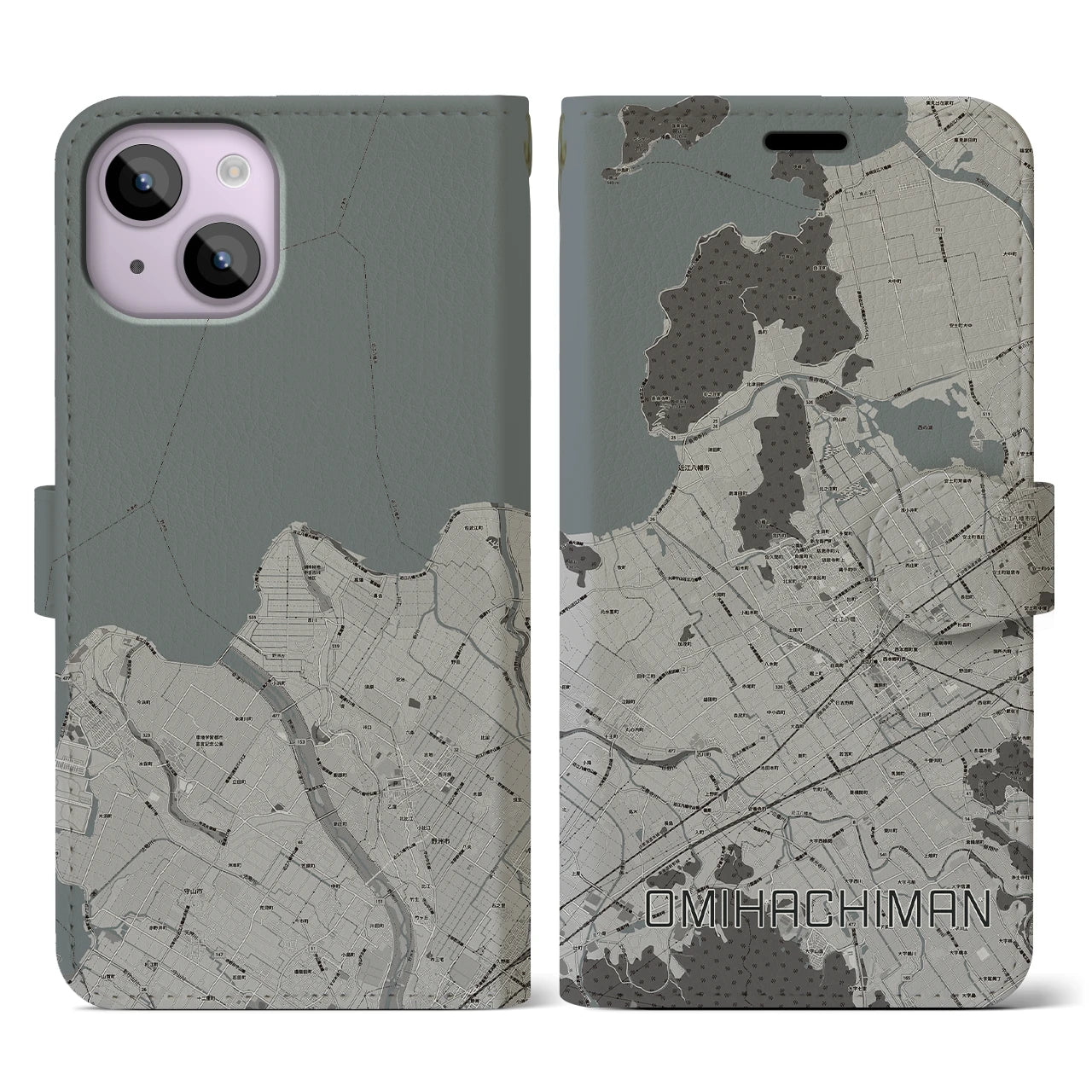【近江八幡(滋賀県)】地図柄iPhoneケース(手帳タイプ)モノトーン・iPhone 14 用