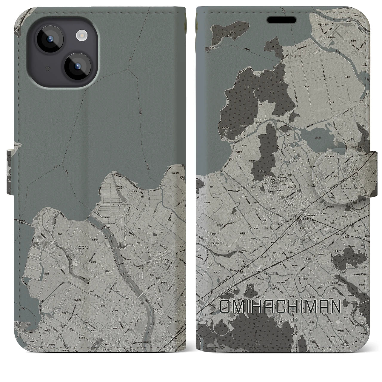 【近江八幡(滋賀県)】地図柄iPhoneケース(手帳タイプ)モノトーン・iPhone 14 Plus 用