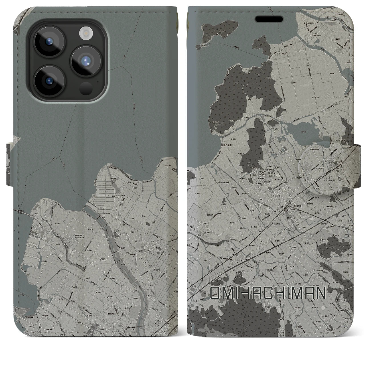 【近江八幡(滋賀県)】地図柄iPhoneケース(手帳タイプ)モノトーン・iPhone 15 Pro Max 用