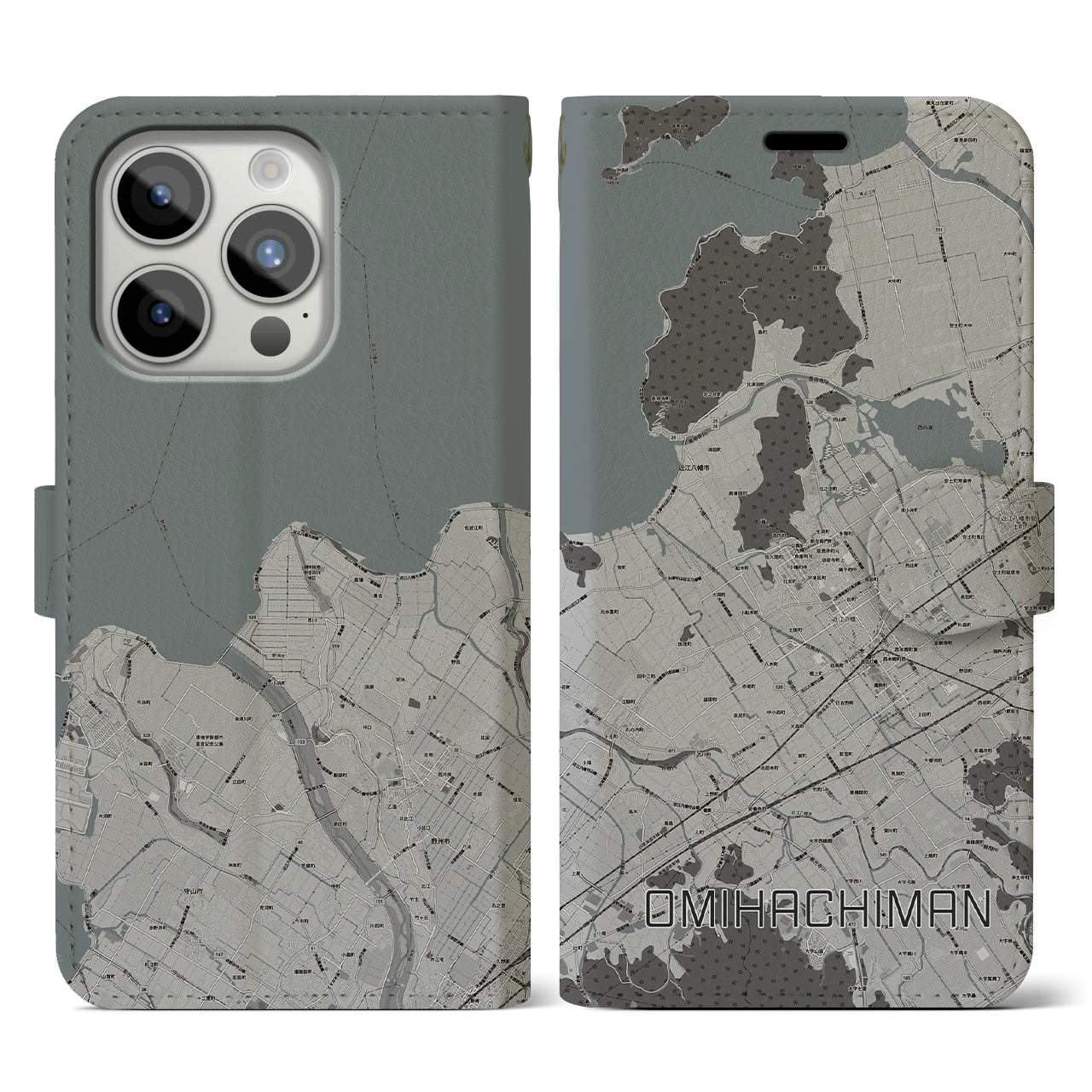 【近江八幡(滋賀県)】地図柄iPhoneケース(手帳タイプ)モノトーン・iPhone 15 Pro 用