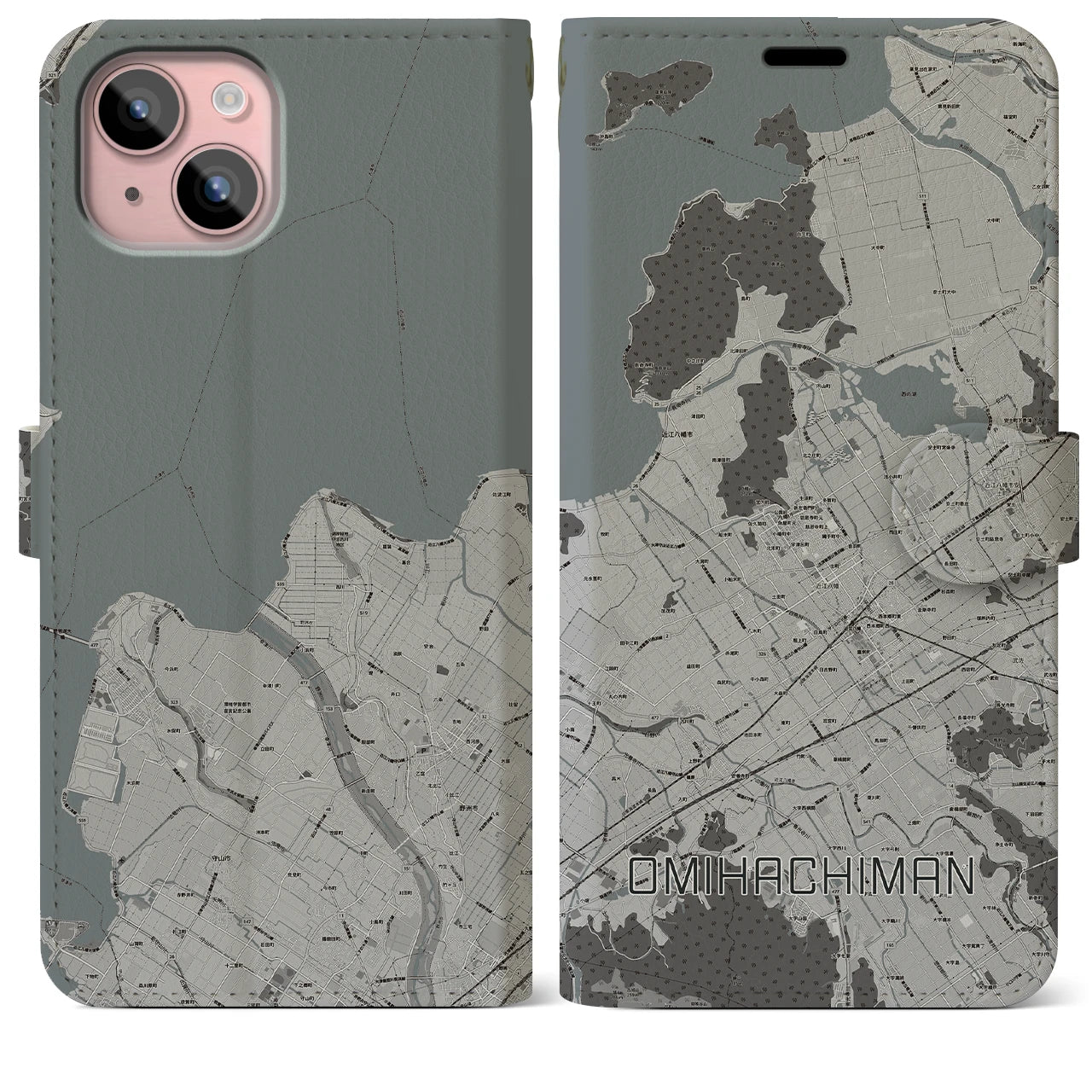 【近江八幡(滋賀県)】地図柄iPhoneケース(手帳タイプ)モノトーン・iPhone 15 Plus 用