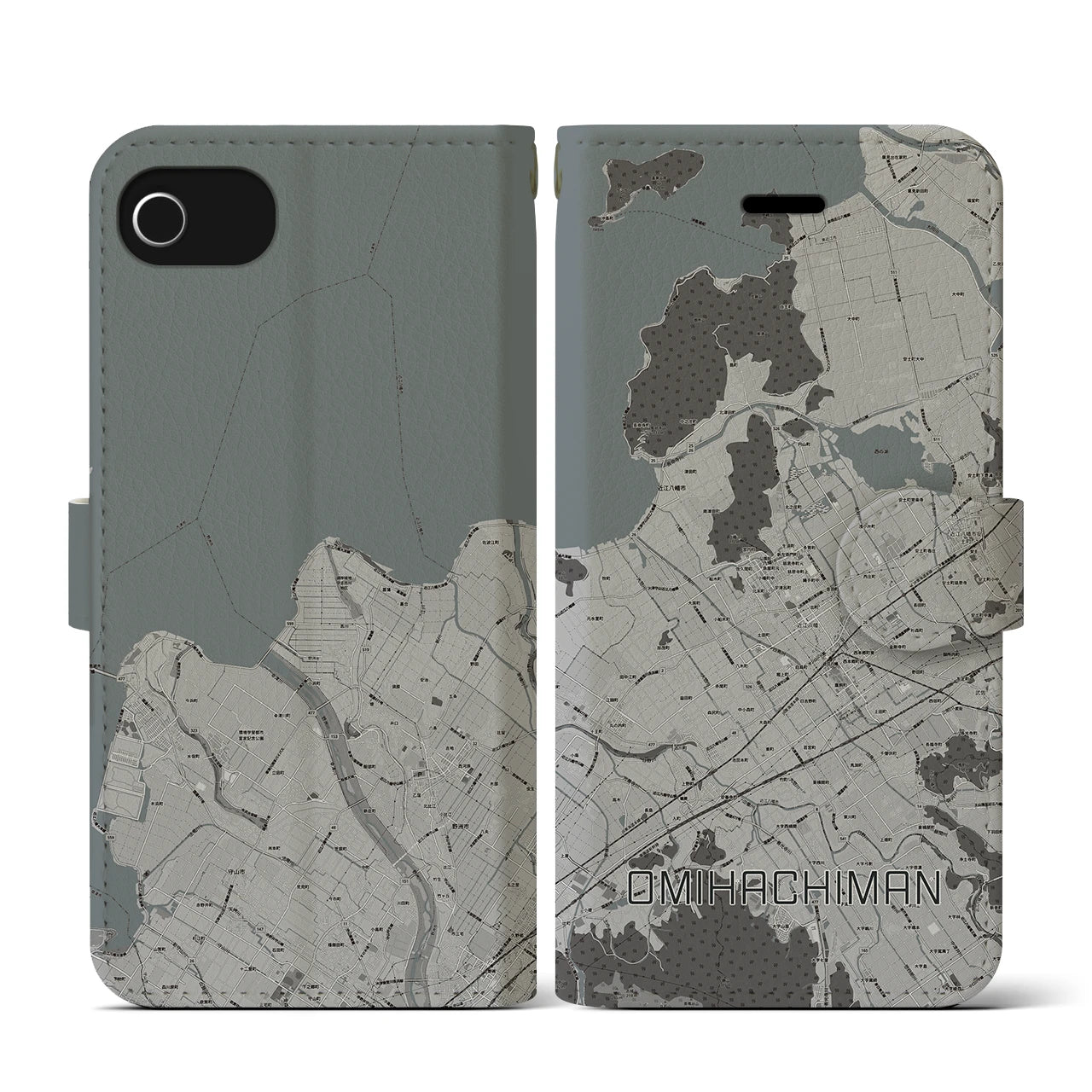 【近江八幡(滋賀県)】地図柄iPhoneケース(手帳タイプ)モノトーン・iPhone SE(第3 / 第2世代) / 8 / 7 / 6s / 6 用