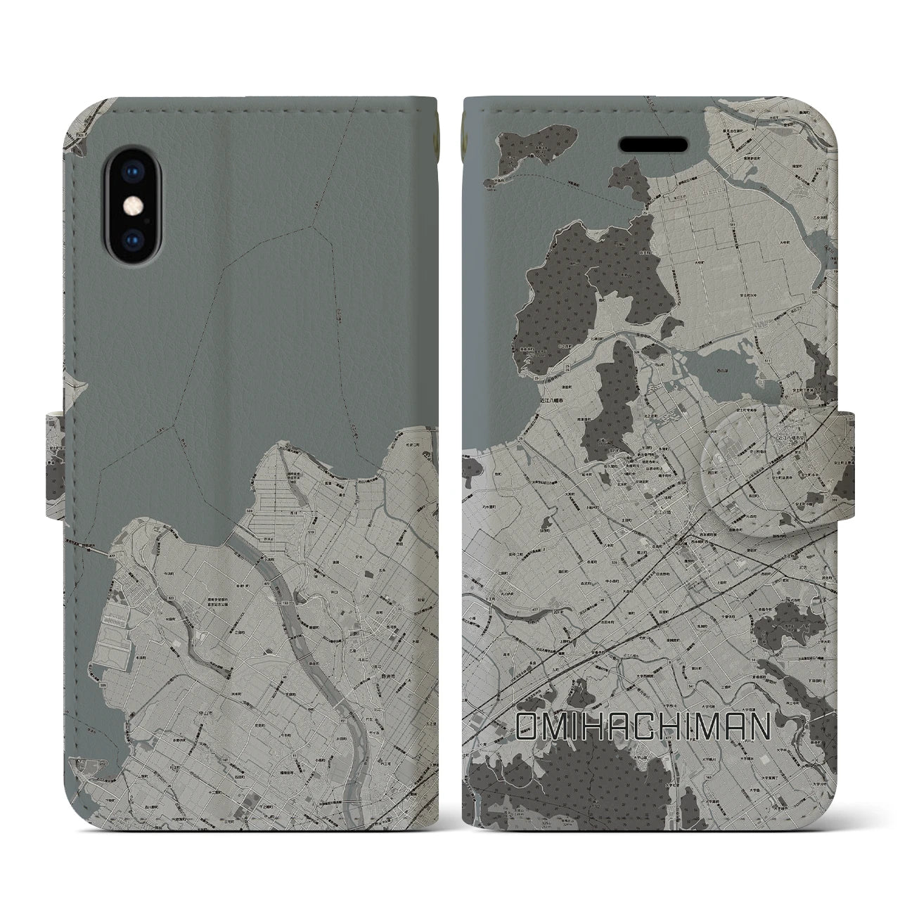 【近江八幡(滋賀県)】地図柄iPhoneケース(手帳タイプ)モノトーン・iPhone XS / X 用