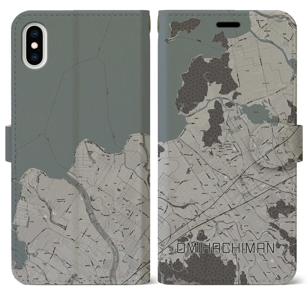 【近江八幡(滋賀県)】地図柄iPhoneケース(手帳タイプ)モノトーン・iPhone XS Max 用