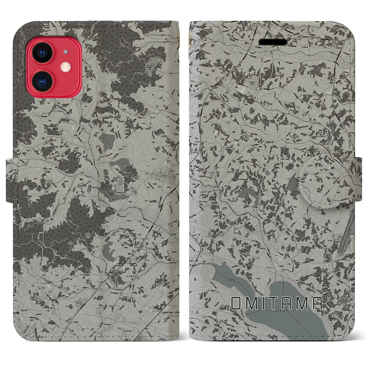 【小美玉(茨城県)】地図柄iPhoneケース(手帳タイプ)モノトーン・iPhone 11 用