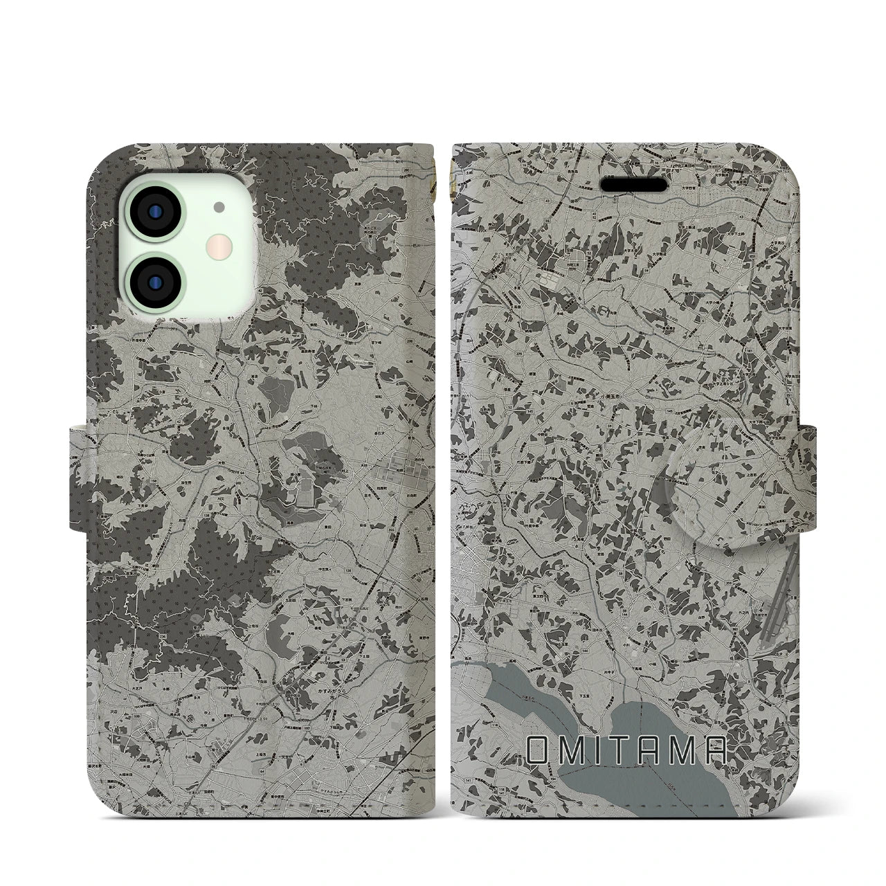 【小美玉(茨城県)】地図柄iPhoneケース(手帳タイプ)モノトーン・iPhone 12 mini 用