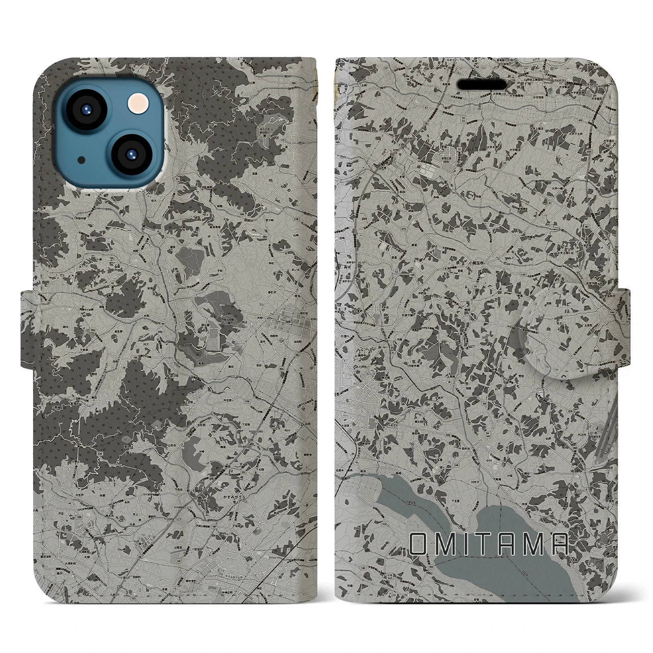 【小美玉(茨城県)】地図柄iPhoneケース(手帳タイプ)モノトーン・iPhone 13 用