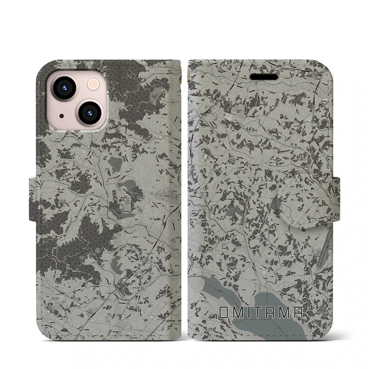 【小美玉(茨城県)】地図柄iPhoneケース(手帳タイプ)モノトーン・iPhone 13 mini 用