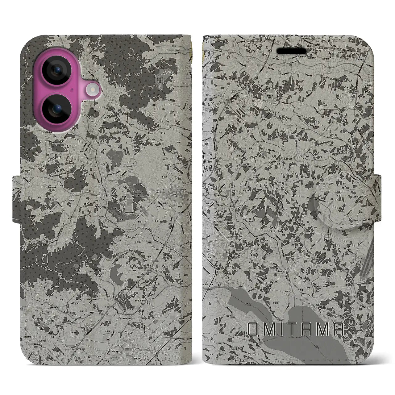 【小美玉(茨城県)】地図柄iPhoneケース(手帳タイプ)モノトーン・iPhone 16 Pro 用