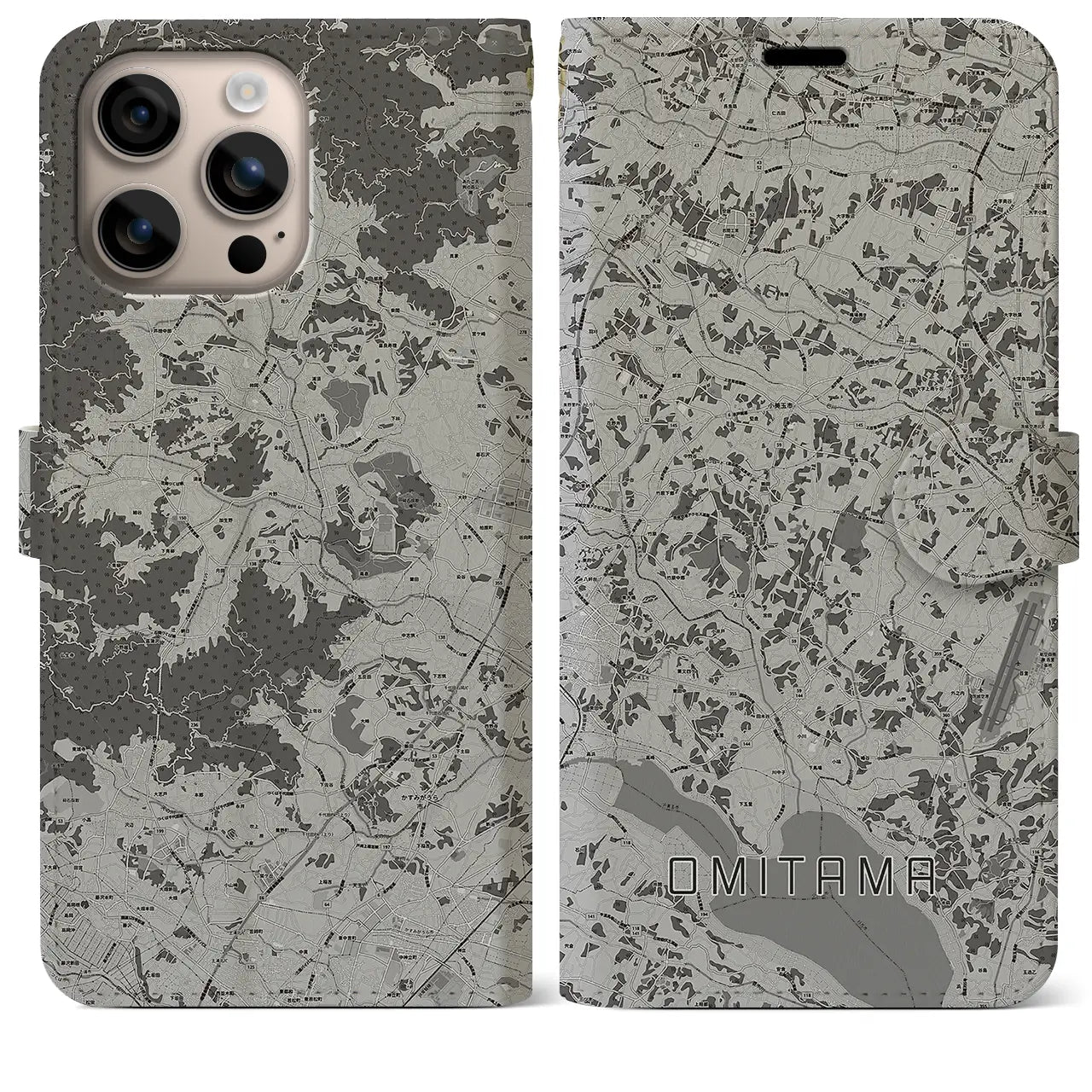 【小美玉(茨城県)】地図柄iPhoneケース(手帳タイプ)モノトーン・iPhone 16 Plus 用
