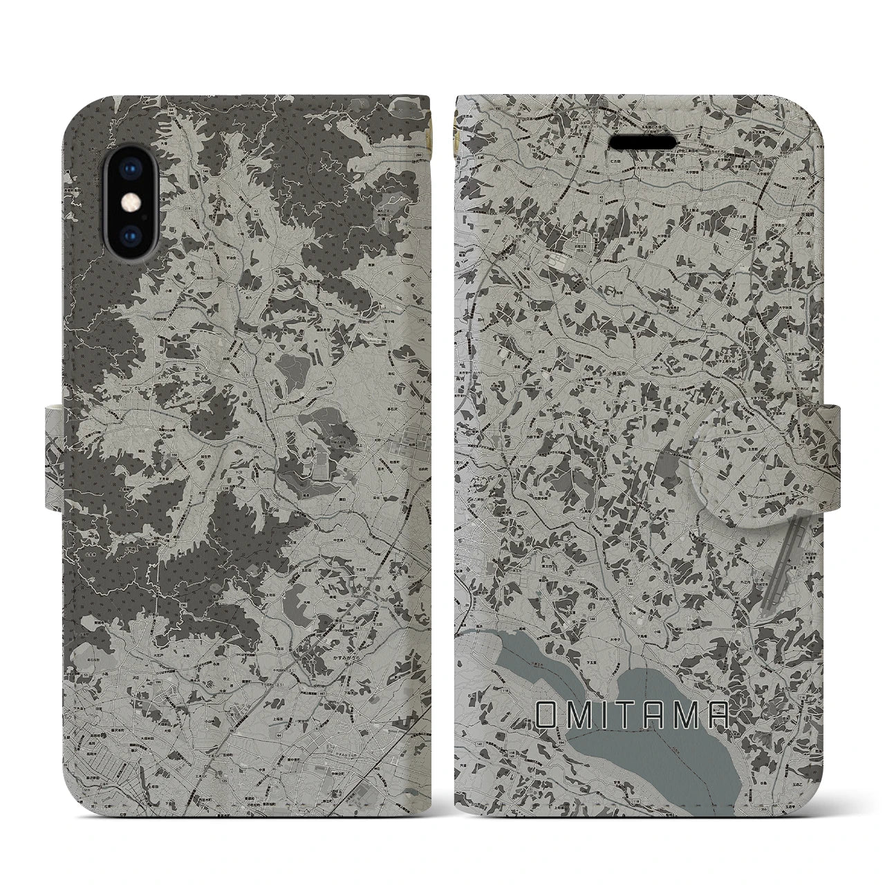 【小美玉(茨城県)】地図柄iPhoneケース(手帳タイプ)モノトーン・iPhone XS / X 用