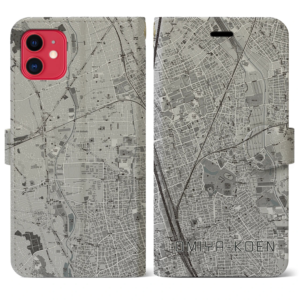 【大宮公園(埼玉県)】地図柄iPhoneケース(手帳タイプ)モノトーン・iPhone 11 用