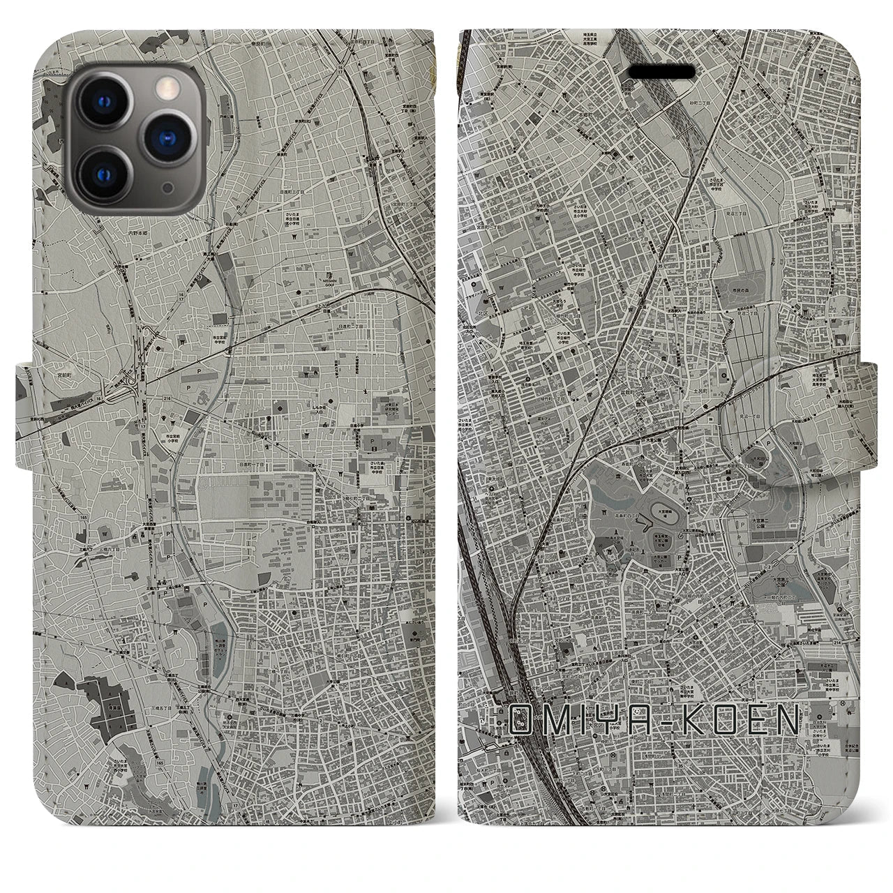 【大宮公園(埼玉県)】地図柄iPhoneケース(手帳タイプ)モノトーン・iPhone 11 Pro Max 用