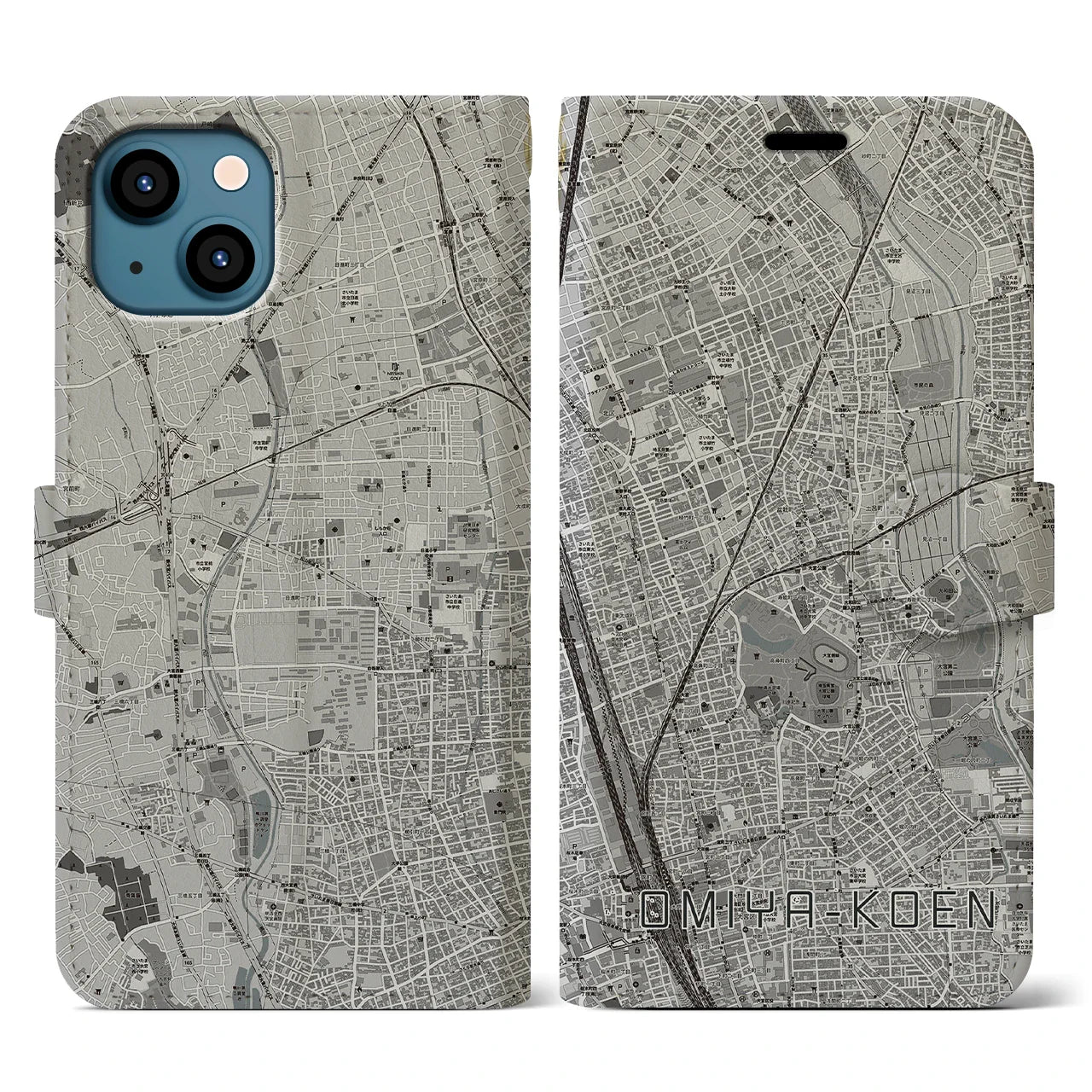 【大宮公園(埼玉県)】地図柄iPhoneケース(手帳タイプ)モノトーン・iPhone 13 用