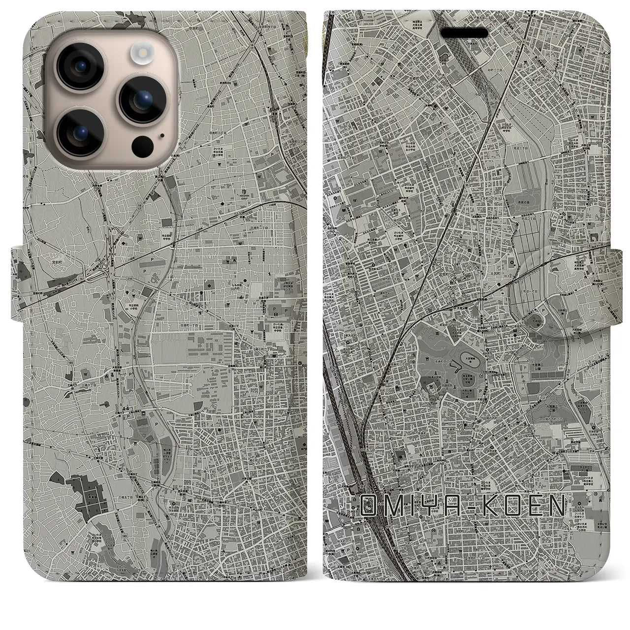 【大宮公園(埼玉県)】地図柄iPhoneケース(手帳タイプ)モノトーン・iPhone 16 Plus 用