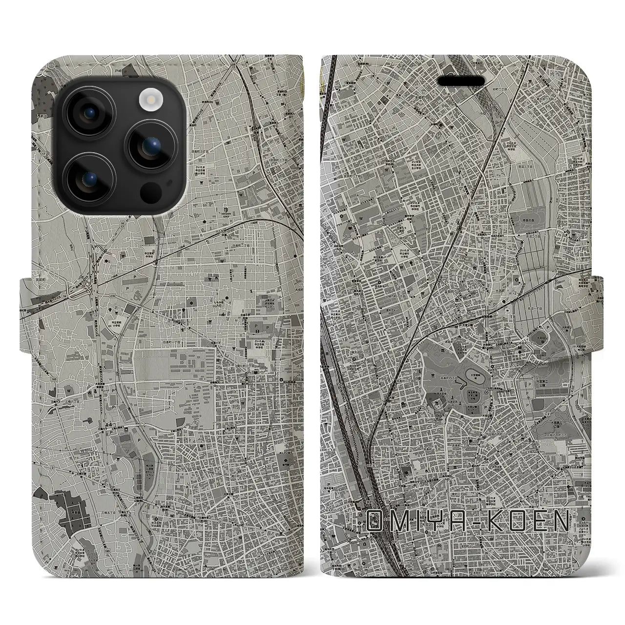 【大宮公園(埼玉県)】地図柄iPhoneケース(手帳タイプ)モノトーン・iPhone 16 用