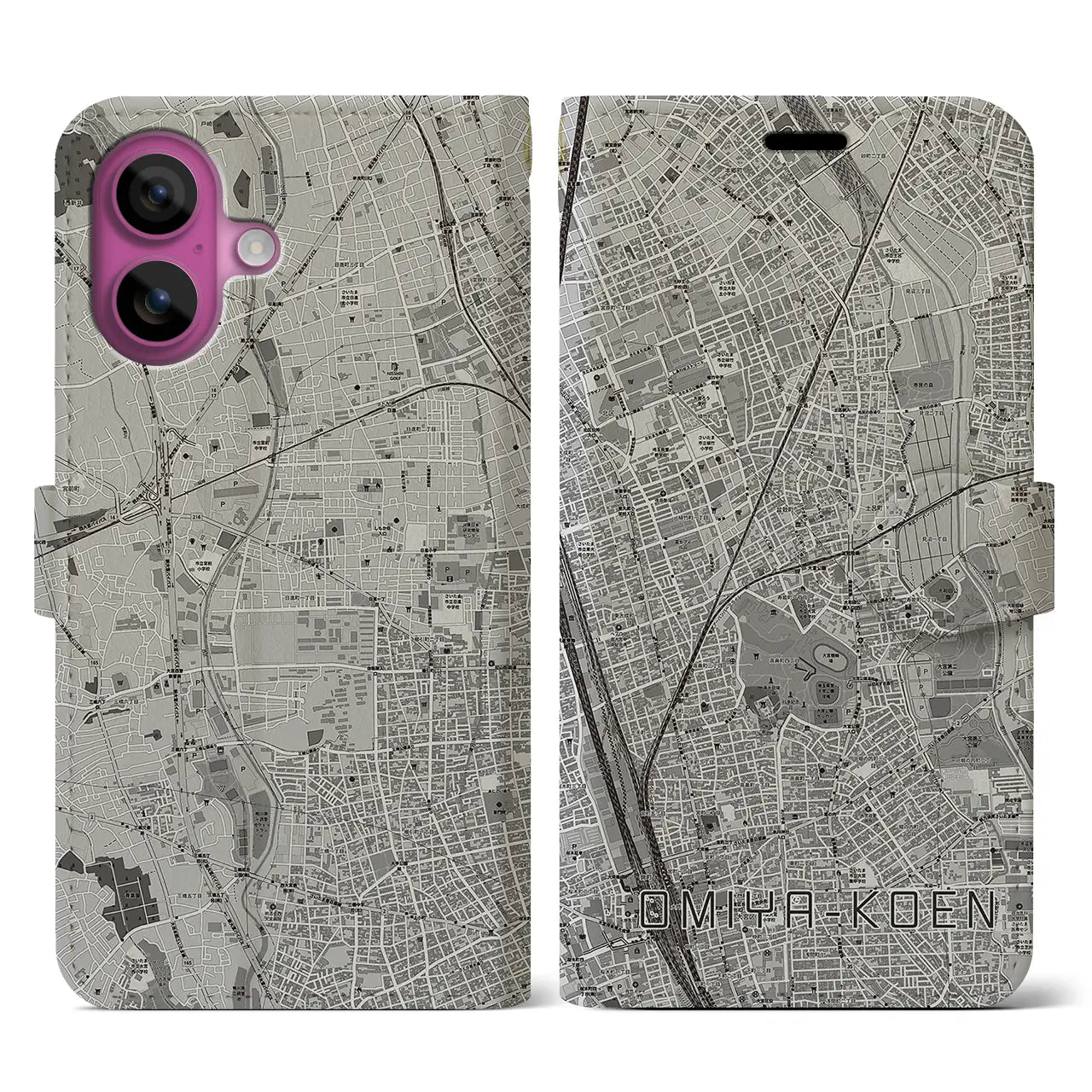 【大宮公園(埼玉県)】地図柄iPhoneケース(手帳タイプ)モノトーン・iPhone 16 Pro 用