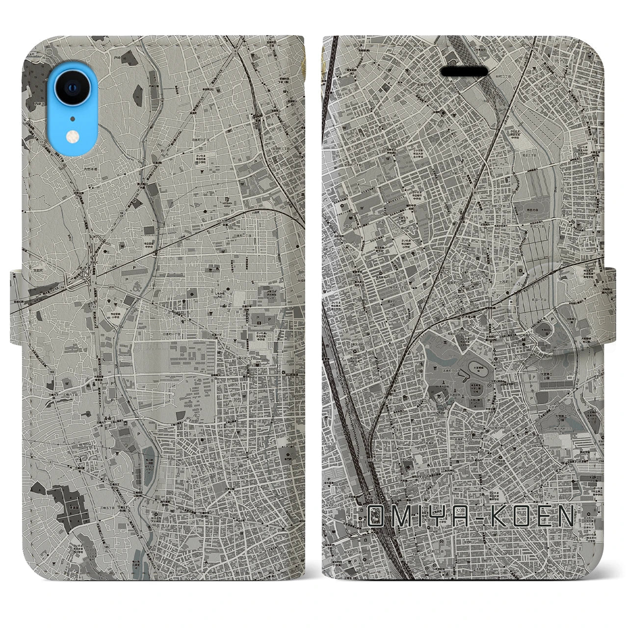 【大宮公園(埼玉県)】地図柄iPhoneケース(手帳タイプ)モノトーン・iPhone XR 用