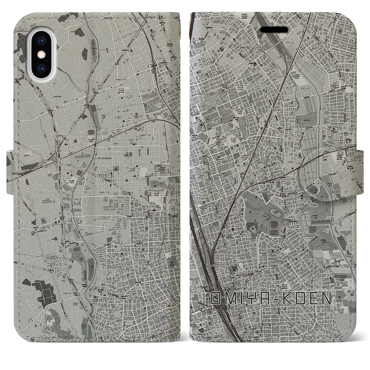 【大宮公園(埼玉県)】地図柄iPhoneケース(手帳タイプ)モノトーン・iPhone XS Max 用