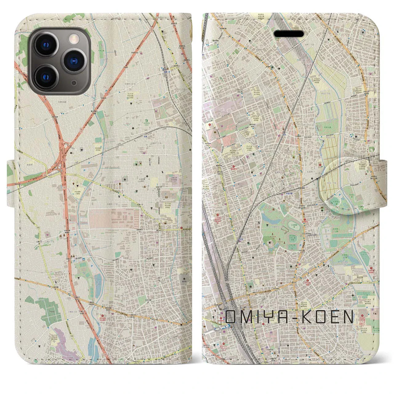 【大宮公園(埼玉県)】地図柄iPhoneケース(手帳タイプ)ナチュラル・iPhone 11 Pro Max 用