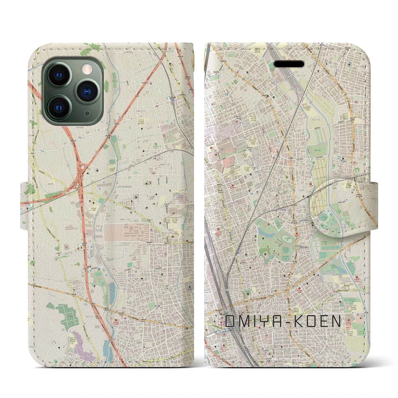 【大宮公園(埼玉県)】地図柄iPhoneケース(手帳タイプ)ナチュラル・iPhone 11 Pro 用