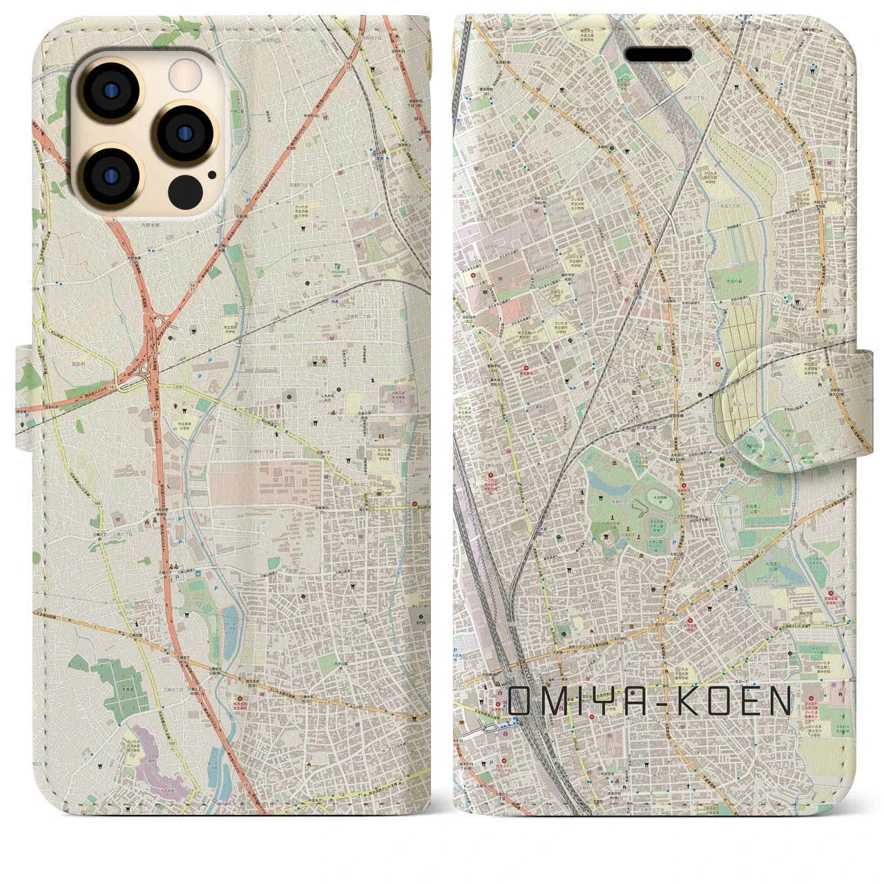 【大宮公園(埼玉県)】地図柄iPhoneケース(手帳タイプ)ナチュラル・iPhone 12 Pro Max 用