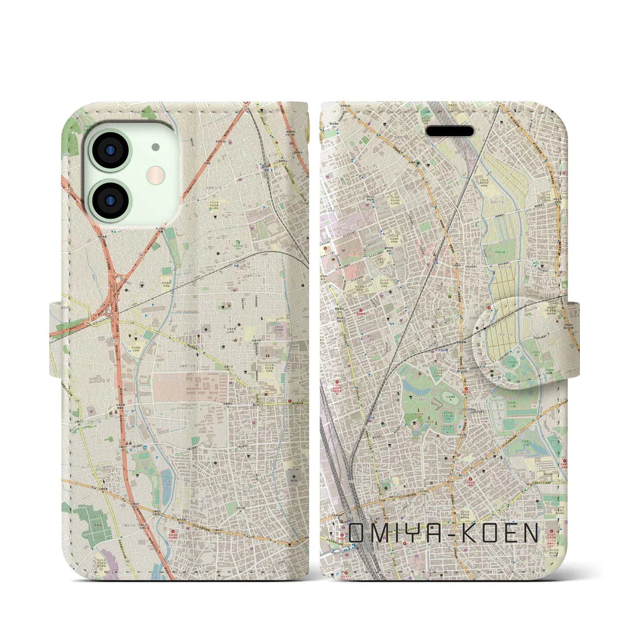 【大宮公園(埼玉県)】地図柄iPhoneケース(手帳タイプ)ナチュラル・iPhone 12 mini 用