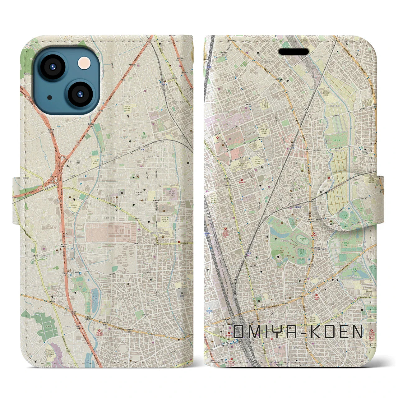 【大宮公園(埼玉県)】地図柄iPhoneケース(手帳タイプ)ナチュラル・iPhone 13 用