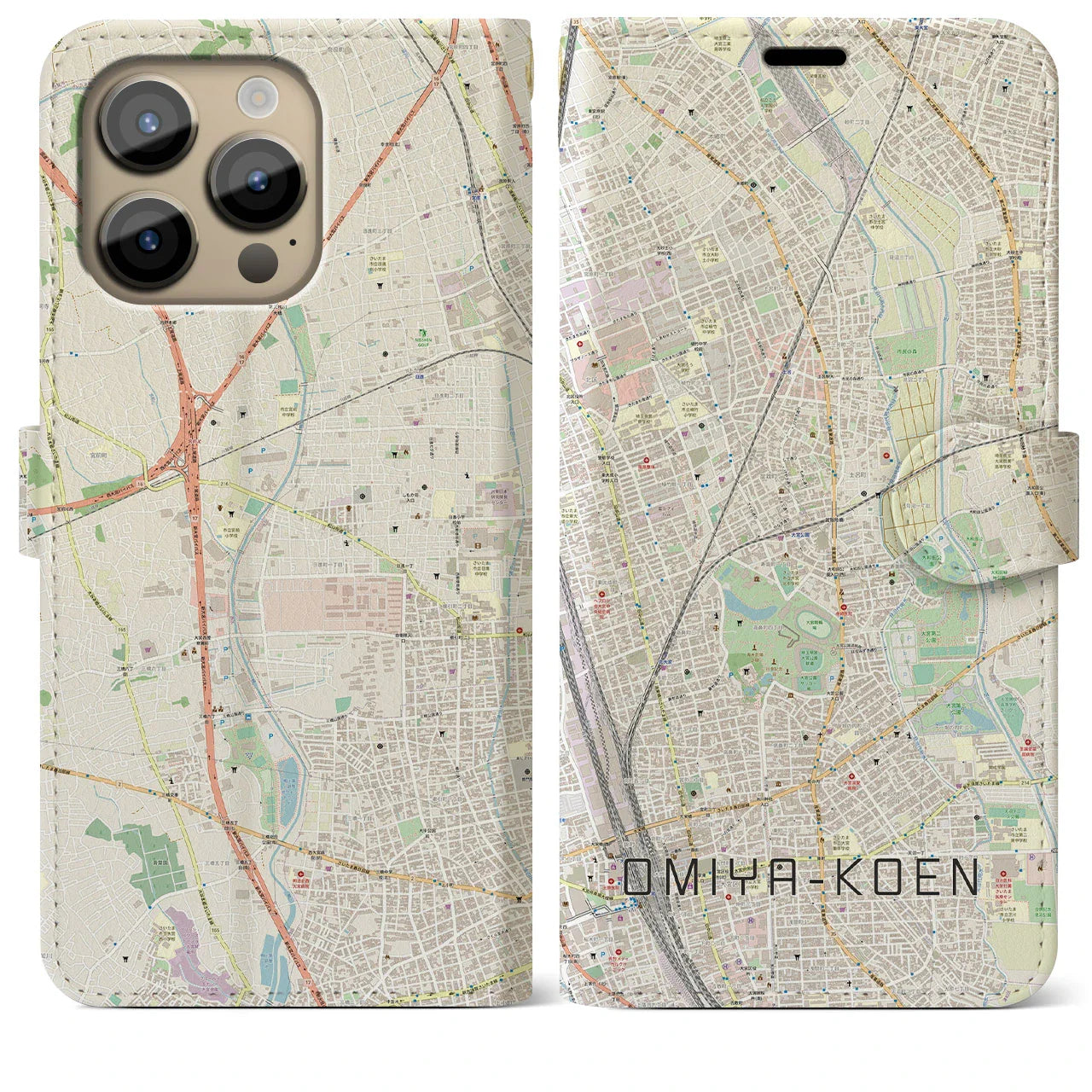 【大宮公園(埼玉県)】地図柄iPhoneケース(手帳タイプ)ナチュラル・iPhone 14 Pro Max 用