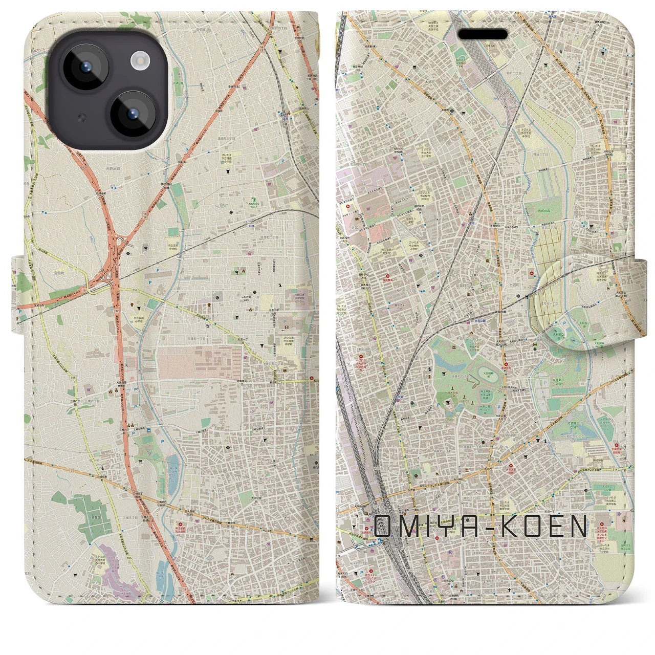 【大宮公園(埼玉県)】地図柄iPhoneケース(手帳タイプ)ナチュラル・iPhone 14 Plus 用