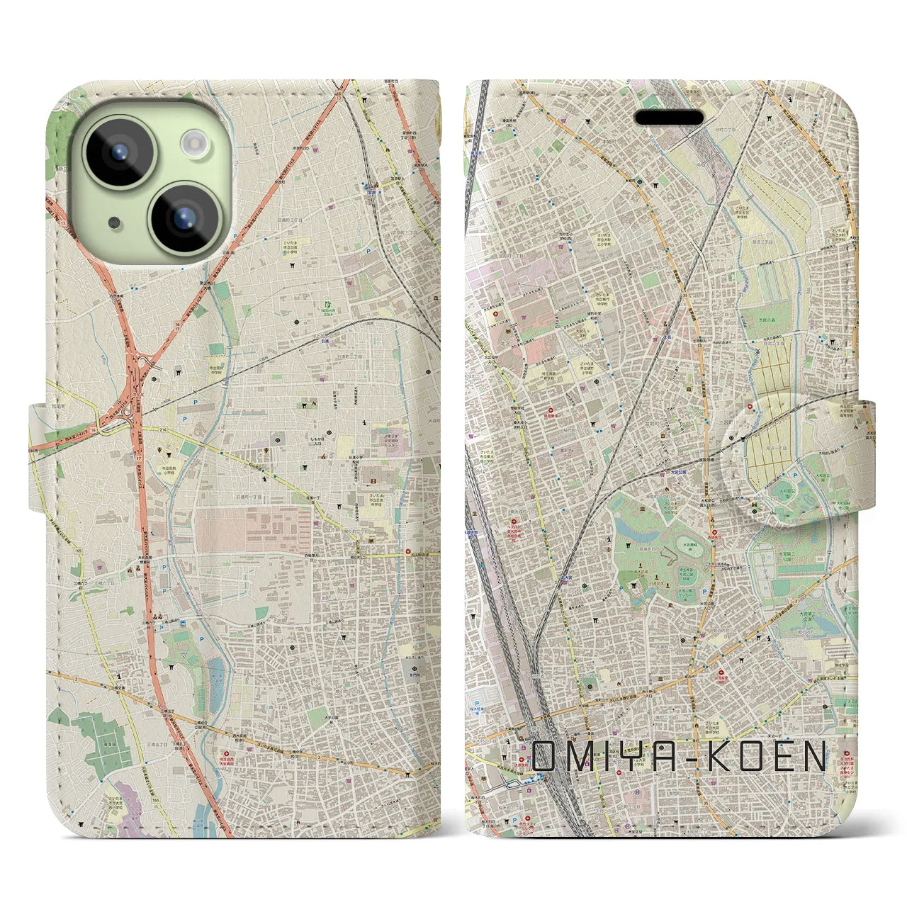 【大宮公園(埼玉県)】地図柄iPhoneケース(手帳タイプ)ナチュラル・iPhone 15 用