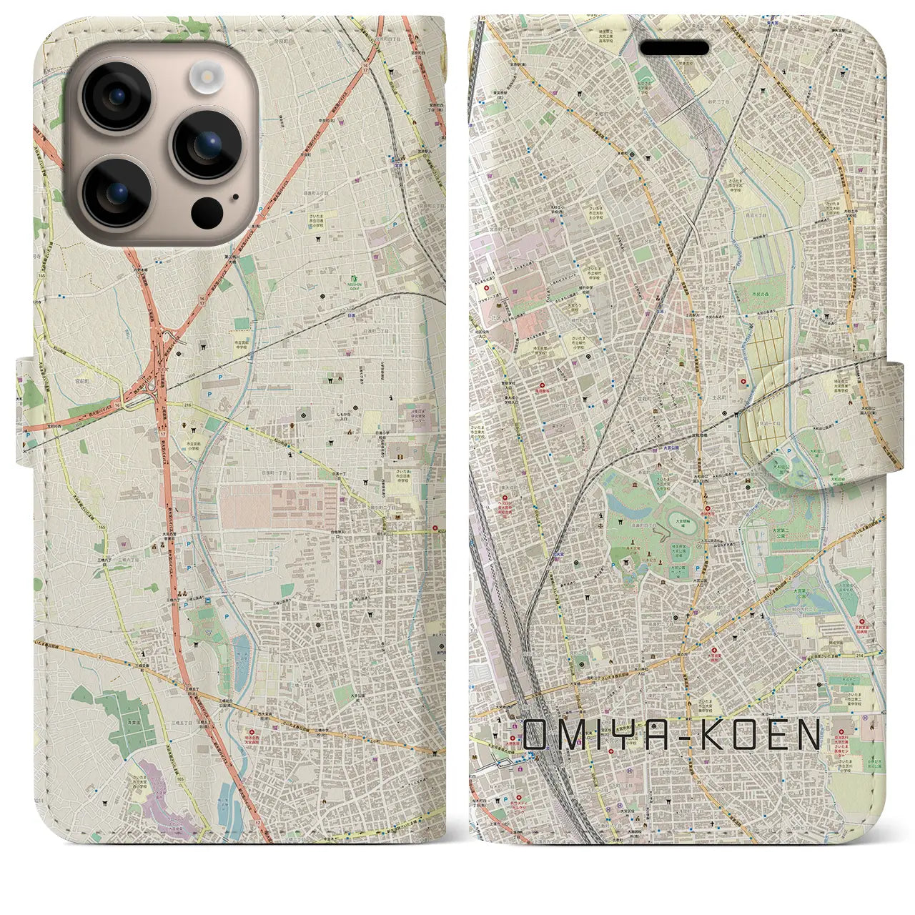 【大宮公園(埼玉県)】地図柄iPhoneケース(手帳タイプ)ナチュラル・iPhone 16 Plus 用