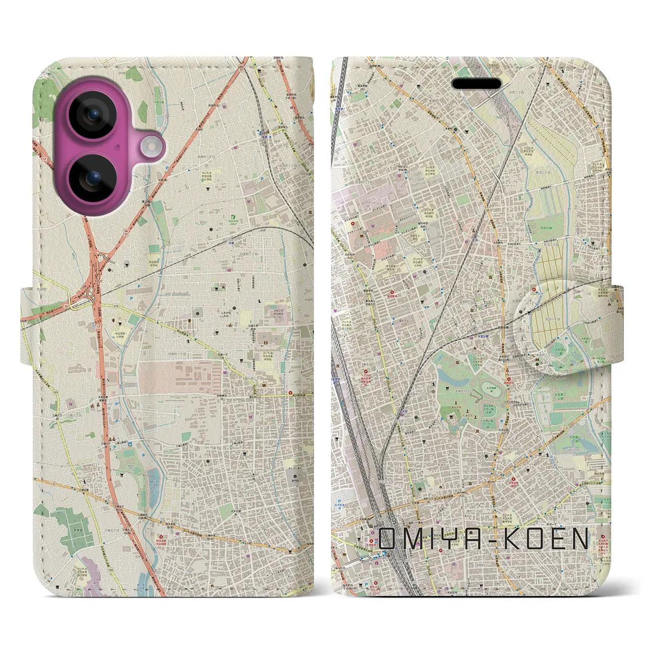 【大宮公園(埼玉県)】地図柄iPhoneケース(手帳タイプ)ナチュラル・iPhone 16 Pro 用