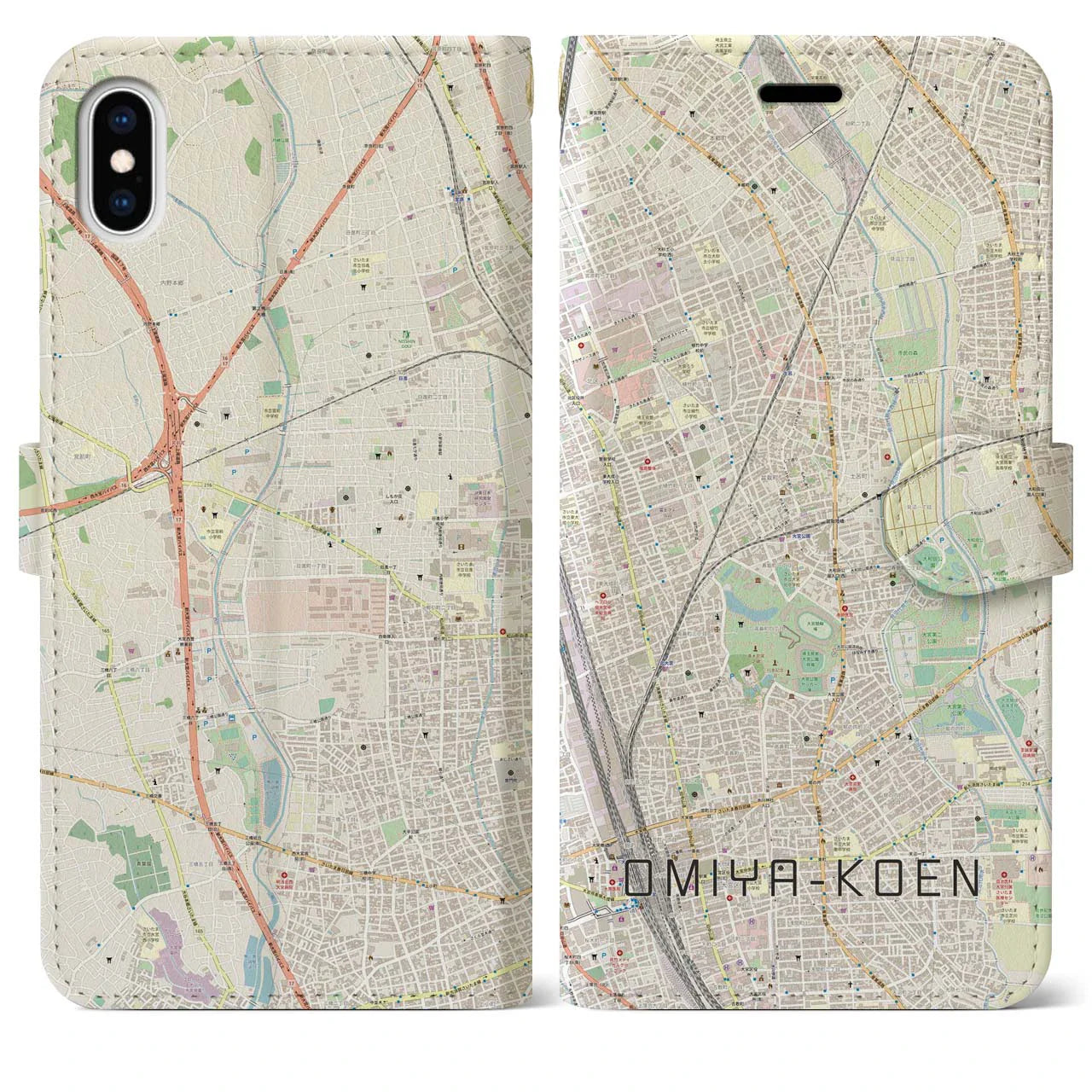 【大宮公園(埼玉県)】地図柄iPhoneケース(手帳タイプ)ナチュラル・iPhone XS Max 用