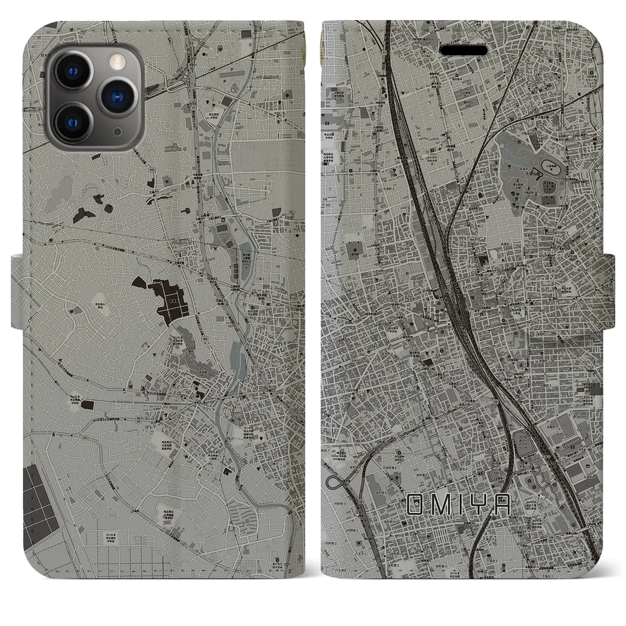 【大宮(埼玉県)】地図柄iPhoneケース(手帳タイプ)モノトーン・iPhone 11 Pro Max 用