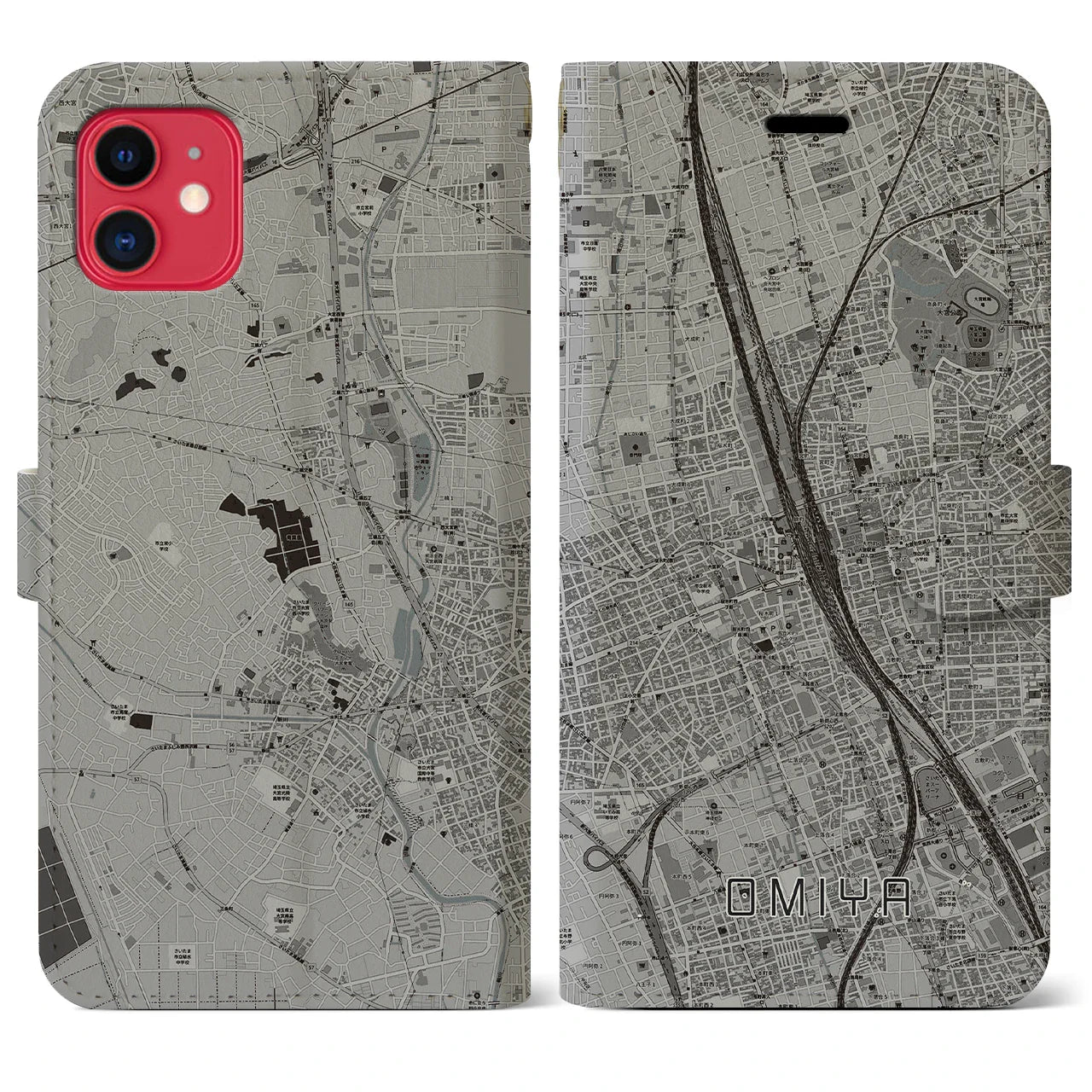 【大宮(埼玉県)】地図柄iPhoneケース(手帳タイプ)モノトーン・iPhone 11 用