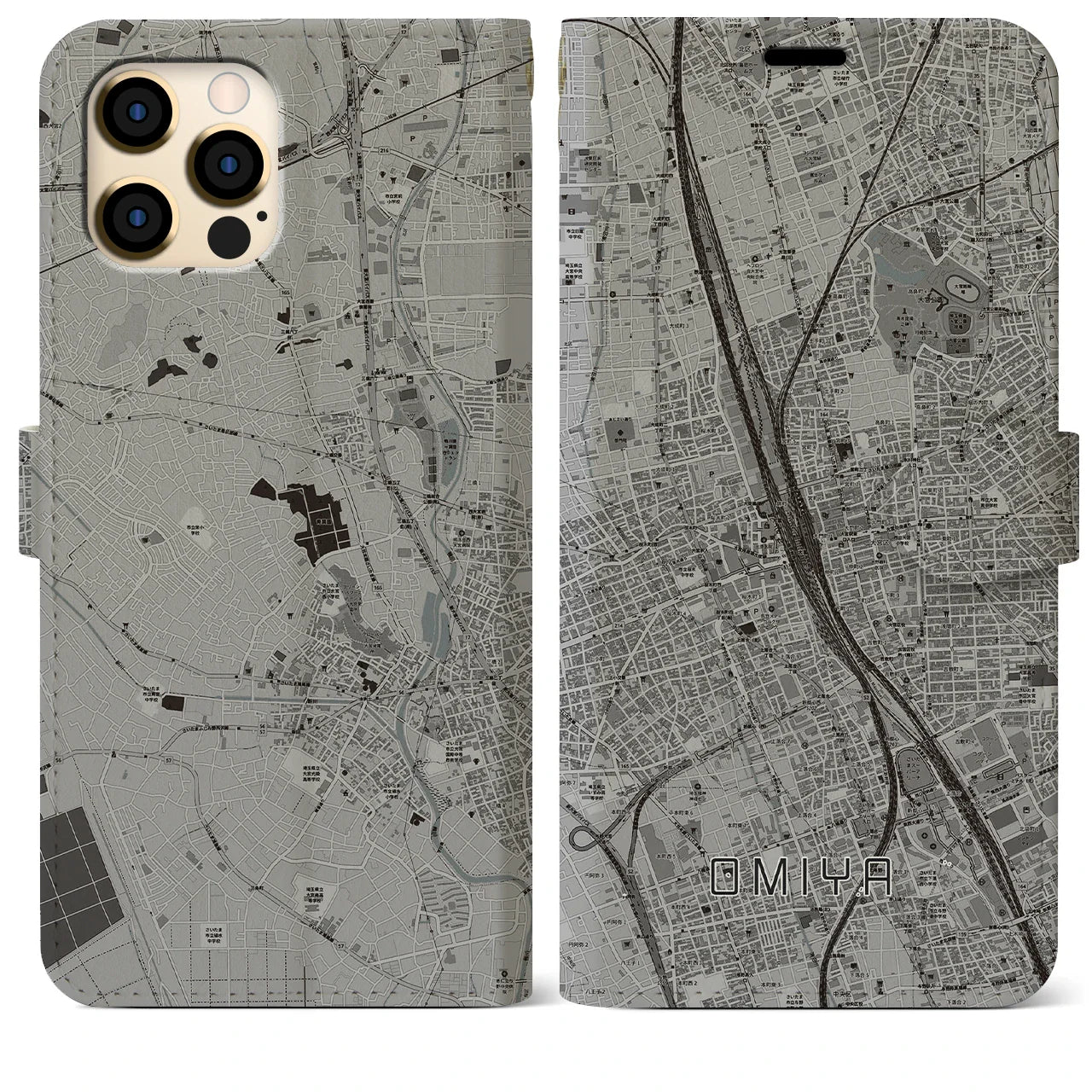 【大宮(埼玉県)】地図柄iPhoneケース(手帳タイプ)モノトーン・iPhone 12 Pro Max 用