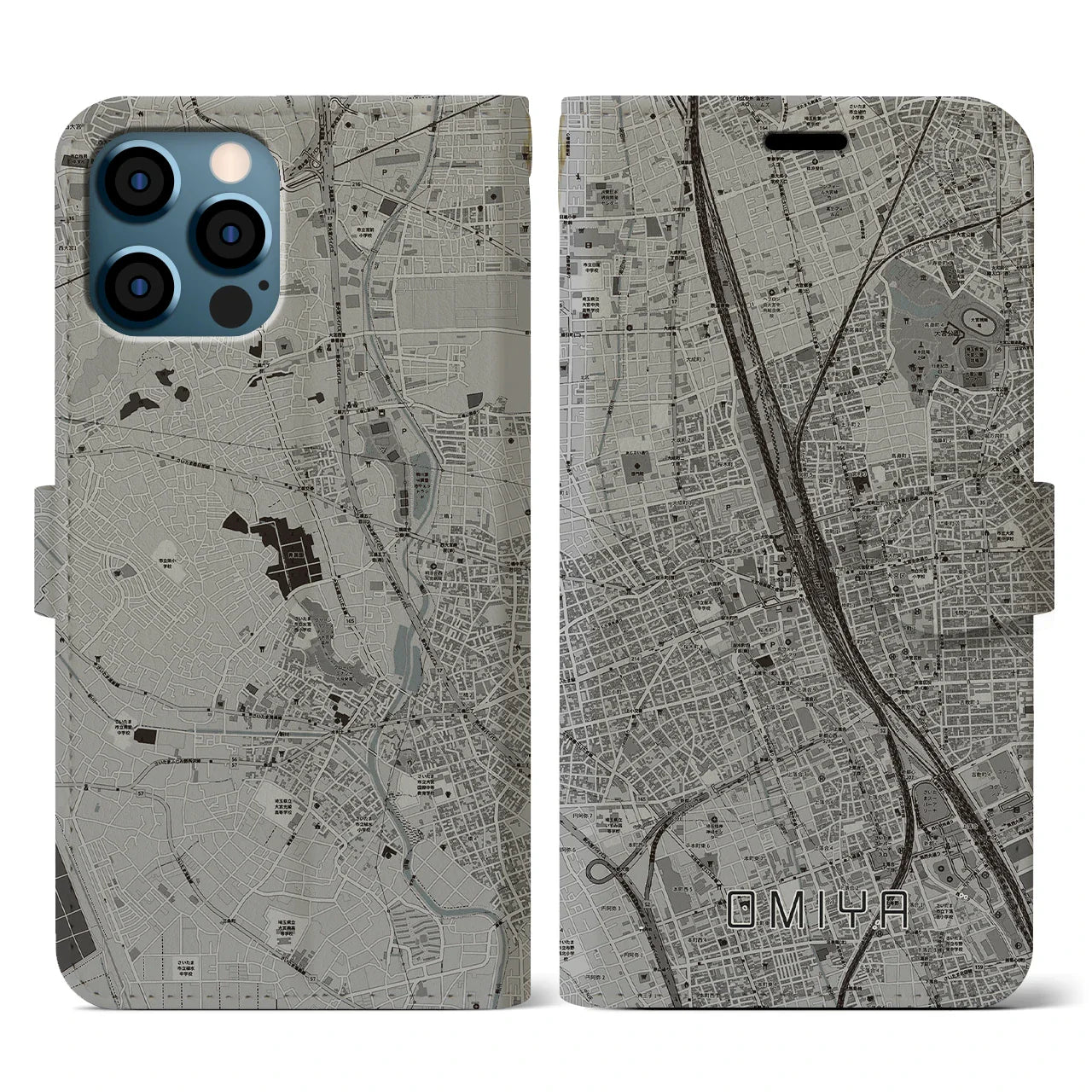 【大宮(埼玉県)】地図柄iPhoneケース(手帳タイプ)モノトーン・iPhone 12 / 12 Pro 用