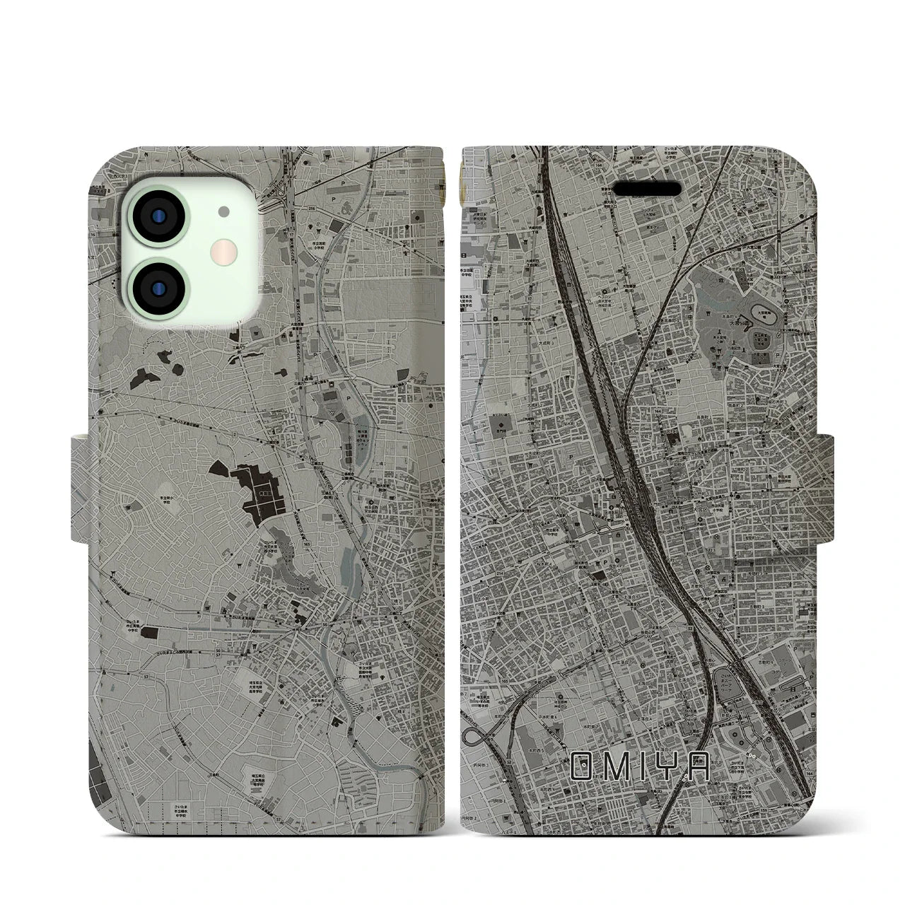 【大宮(埼玉県)】地図柄iPhoneケース(手帳タイプ)モノトーン・iPhone 12 mini 用