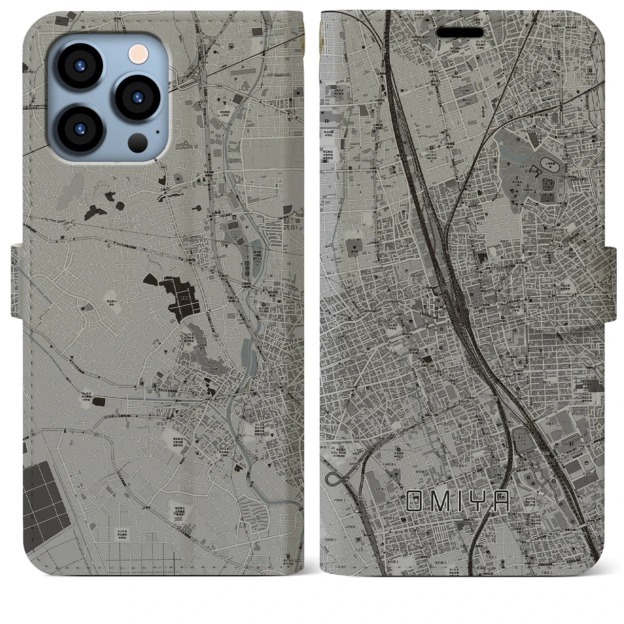 【大宮(埼玉県)】地図柄iPhoneケース(手帳タイプ)モノトーン・iPhone 13 Pro Max 用