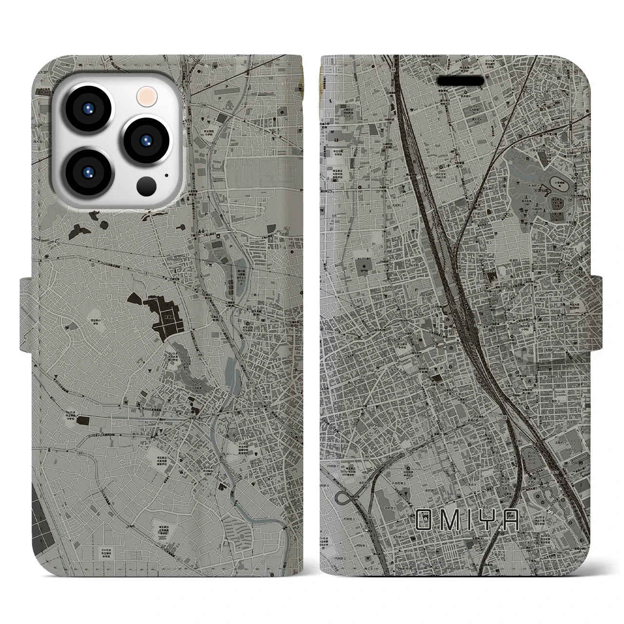 【大宮(埼玉県)】地図柄iPhoneケース(手帳タイプ)モノトーン・iPhone 13 Pro 用