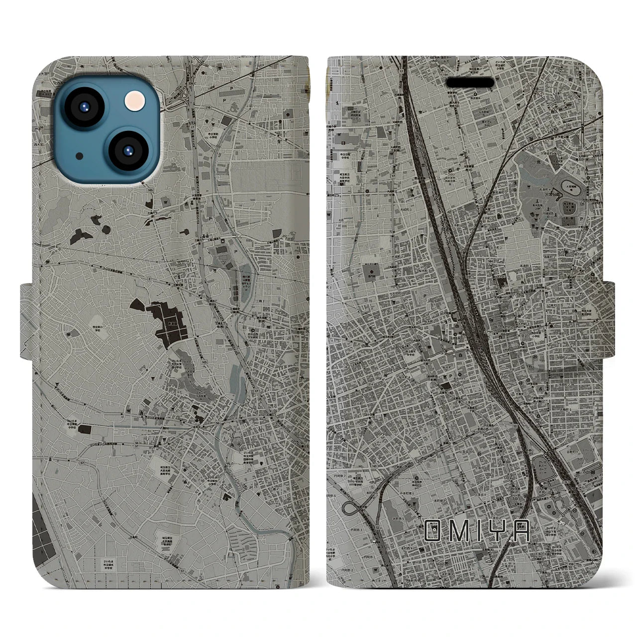 【大宮(埼玉県)】地図柄iPhoneケース(手帳タイプ)モノトーン・iPhone 13 用